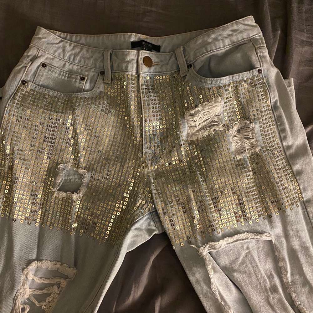 Sequin ripped jeans